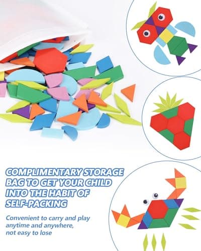 Puzzle en Bois-Tangram 210PCS,Jouets éducatifs Classiques-Jouets Montessori,Bois Scie Sauteuse Éducatif Géométrique Jeu,30 Pcs Cartes de Conception et Sac de Rangement pour Enfants
