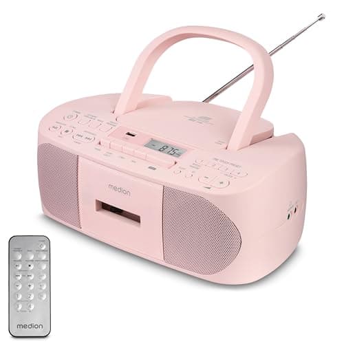 MEDION E65010 Radio stéréo (Lecteur CD, Cassette, Port USB, entrée Audio AUX, Lecture MP3. Radio FM PLL,40 mémoires de Stations, Fonctionnement sur Piles, télécommande) Rose