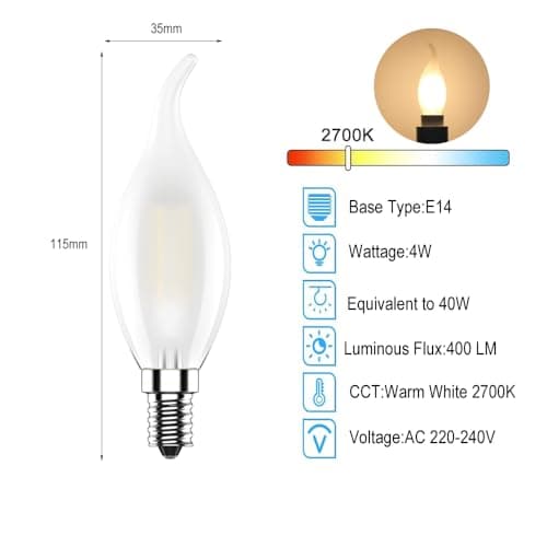 Tuoplyh 10 Pack Ampoules LED E14 Filament Vintage Edison,4W Equivalent 40W,Blanc Chaud 2700K,400LM,CRI >80,AC 220V-240V,Verre Givré