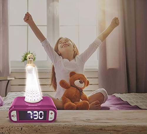 Lexibook- Veilleuse Reine des Neiges 2, Elsa Lumineuse, Effets sonores Disney Frozen, Réveil pour Enfant, Snooze, Couleur Bleue, RL800FZ, Bleu