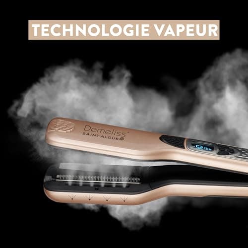Demeliss SAINT ALGUE - Lisseur Vapeur TITANIUM - Plaques Flottantes, Revêtement Titane - Vapeur Ultra Puissante - Réservoir Intégré XL 40ml - Peigne Amovible - Tous Types de Cheveux
