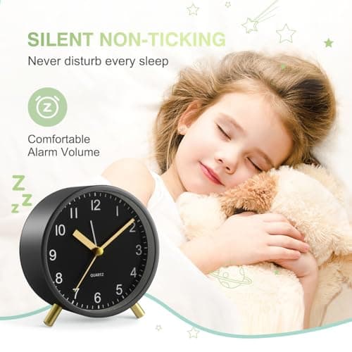 YouJabz Analoger Wecker, Super Silent Non Ticking mit Nachtlicht, Batteriebetrieben, Modischer Runder Metall Wecker für Büro, Schlafzimmer, Ältere, Erwachsene, Kinder, einschulung Geschenk