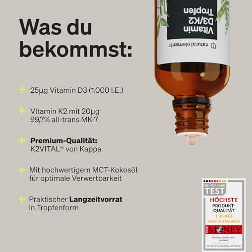 Gouttes de vitamine D3 et K2 50 ml – premium : >99,7% all-trans (K2VITAL® de Kappa) + D3 hautement biodisponible – produit testé en laboratoire, fortement dosé, liquide