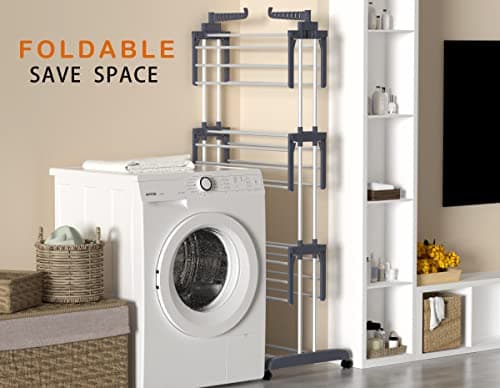 HOMIDEC Etendoir Linge, 4 Niveaux Grande Sechoir a Linge Pliable avec Roues, Acier Inoxydable Seche Linge Etendoir pour Intérieur et Extérieur, Gris