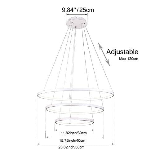 STARRYOL Suspension LED Moderne, Collection 3 Anneaux Peinture Blanche, Lustre Suspendu Réglable Plafonnier Contemporain, Dimmable 2700K - 6500K, avec Télécommande - 78W