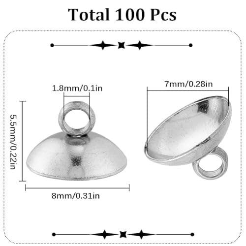 SUNNYCLUE 1 boîte 100 pièces Capuchon de Perle Bélière Capuchon de Perle Pendentif Bélières 304 capuchons de Perles en Acier Inoxydable Capuchons de Perles de 8 mm Capuchons de Perles avec Boucle Pend