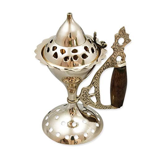 NKlaus Encensoir de 14cm de Haut en Laiton avec poignée en Bois et Couvercle pour l'encens Résines sur Charbon de Bois Tablettes de Charbon de Sable 2770