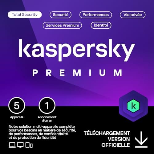 Kaspersky Premium Total Security 2024 | 5 appareils | 1 an | Anti-Phishing et Pare-feu | VPN illimité | Gestionnaire de mots de passe | Contrôle Parental| PC/Mac/Mobile | Code d'activation par email