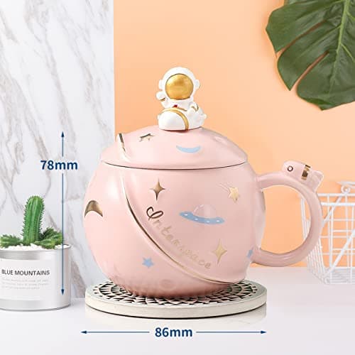 ZMHQLPDZ Mug humoristique pour femme, 450 ml, motif astronaute mignon avec couvercle et cuillère, tasse Kawaii fantaisie pour café, thé et lait, tasse cadeau (rose)