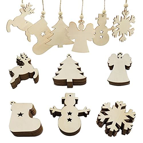 PUERHUACI Sapin en Bois a Decorer Decoration Bois Noel,Bois Artisanat Arbre de Noël Ornement de Pendaison, Décorations de Noël,60 pièces Pendentif Cadeaux pour Décorations de Bricolage