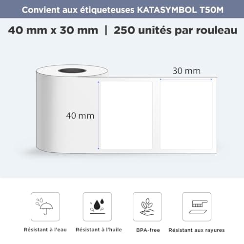 SUPVAN T50M PRO Label Tapes, étiquettes thermiques autocollantes pour la maison, l'école, le bureau et le commerce, 40 mm x 30 mm, 250 Pièces/Rouleau (Blanc)