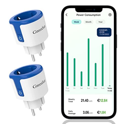 Prise Connectée, GreenSun Prise Programmable, Prise Compteur d'Énergie, Prise Connectée Alexa, Prise Minuteur, Prise Telecommande sans fil, 2PCs