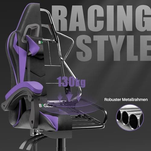 bigzzia Chaise Bureau Chaise Gaming Ergonomique en PU Cuir, Hauteur Réglable, avec Coussin Lombaire et Appui-Tête, Fauteuil Gamer Confortable pour Adultes, Filles et Garçons (Violet Foncé)