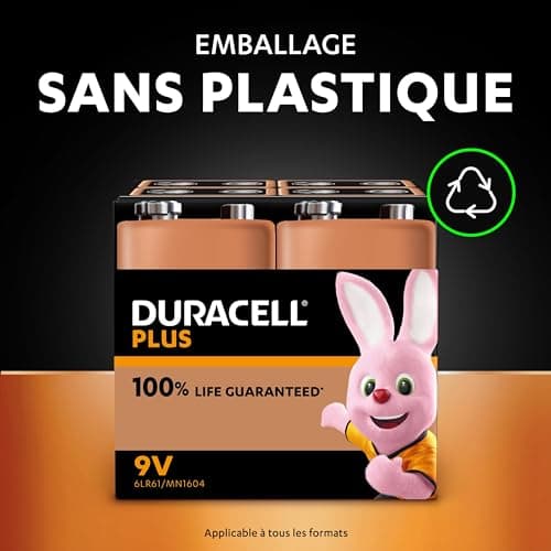 Duracell Plus Piles 9V (lot de 2) - Alcalines - Durée de vie garantie à 100% - Idéales pour les appareils du quotidien - Emballage 0% plastique - Conservation 5 ans - 6LR61 MN1604