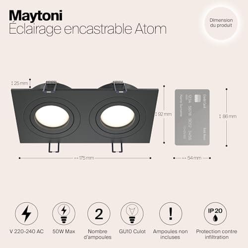 MAYTONI, Plafonnier 2 Spot, Atom, Moderne, luminaire, En aluminium couleur noir, dimmable, encastrable, réglable à 25° 2 X GU10 (50W) non incl. 230V