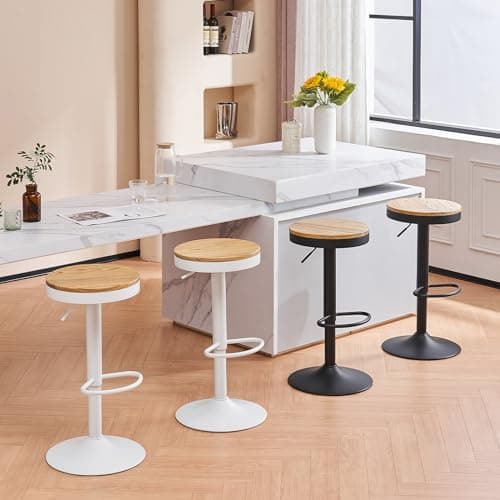 YOUNIKE Tabouret Bar Bois Rond Chaises Haute de Bar Assise Ilot Central Cuisine Siege Bar Lot de 2 Vintage Reglable Rotation Metal Pivotante Blanc