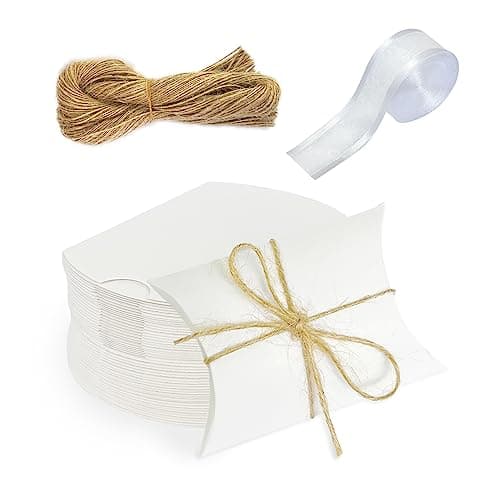 Lot de 100 boîtes cadeaux blanches en papier kraft avec 50 m de ficelle de jute et ruban de 12 yards, boîte cadeau de mariage pour bonbons, noix, bijoux et petits cadeaux