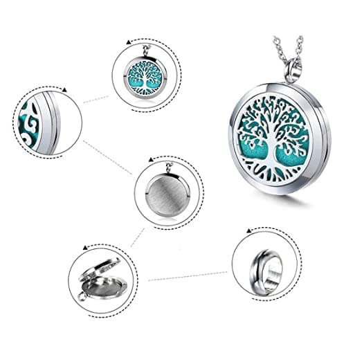 Diffuseur Huiles Essentielles Colliers, Bijoux Aromathérapie Pendentif Arbre De La Vie Collier Aromatherapie Femme,Aromathérapie Huile essentielle Diffuseur Pendentif Collier, avec 10 Patins en feutre
