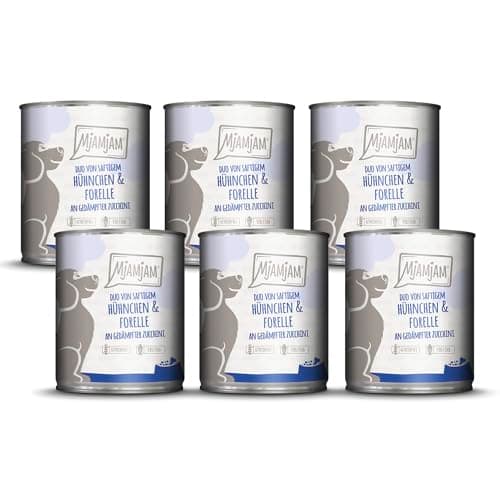MjAMjAM - Nourriture Humide Premium pour Chiens - Duo de Poulet juteux & Truite aux courgettes cuites à la Vapeur, Pack de 6 (6 x 800g), sans céréales avec Un supplément de Viande