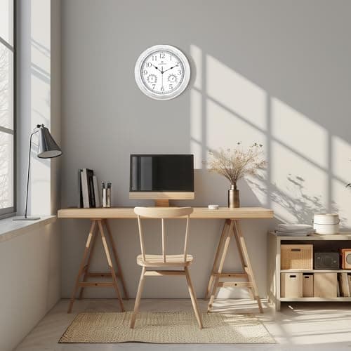 Lafocuse 30cm Horloge Murale Exterieure Etanche avec Thermomètre et Hygromètre, Vintage Blanc Pendule Murale Retro, Silencieuse Shabby Chic Deco pour Extérieur, Jardin, Balcon, Salle de Bain, Cuisine