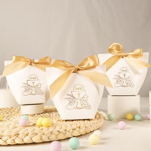 24Pcs Boîte Dragée Sachet Bonbon Ballotin Cadeau Blanc pour Fête Baptême Communion Confirmation Mariage avec Ruban (Graal)