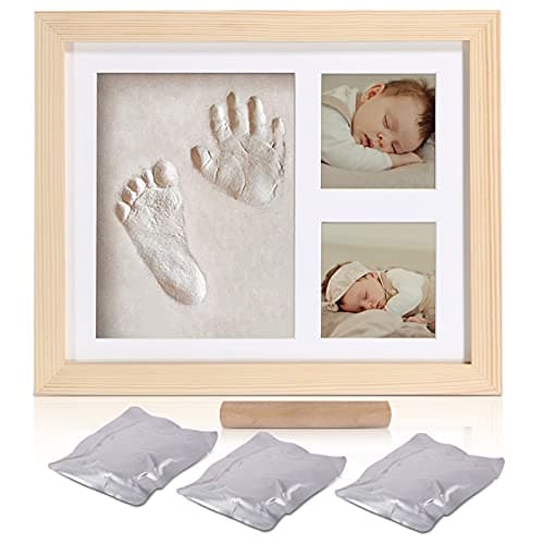 Meilo Cadre photo d'argile d'empreinte de main, cadre en bois et verre acrylique, cadeau de kits de moulage et d'impression pour baptême de bébé(wood-2823)