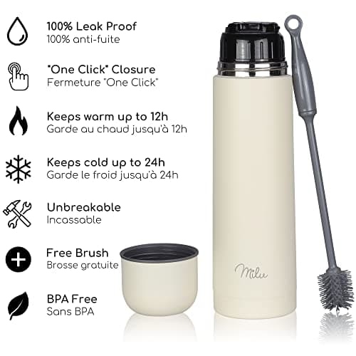 Milu Bouteille isotherme en acier inoxydable - 1L, 750ml, 500ml - Thermo Double Paroi, Sans BPA, Transport Café, Thé, Eau (Buttercream, 1000 ml)