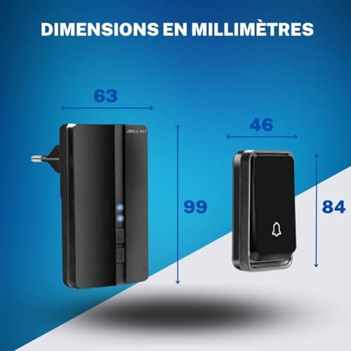 Bell4U Sonnette sans fil exterieur etanche - 2 destinataires - sonnette sans fil auto-alimentée 100 m, sonnette électronique étanche IP65, carillon lumineux LED, 52 mélodies, 4 niveaux de volume