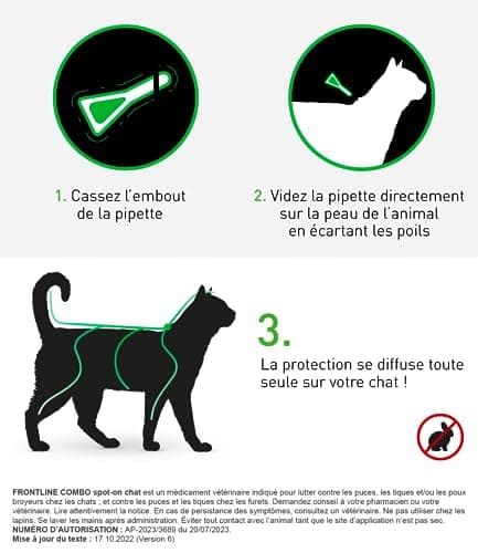 FRONTLINE Combo Chat - Anti Puces, Tiques & Poux - Contre Larves & Oeufs - Elimine & Tue - Protège L'Animal & L'Habitat - Jusqu'à 4 Semaines - Fabriqué En France - 3 Pipettes Application Spot On