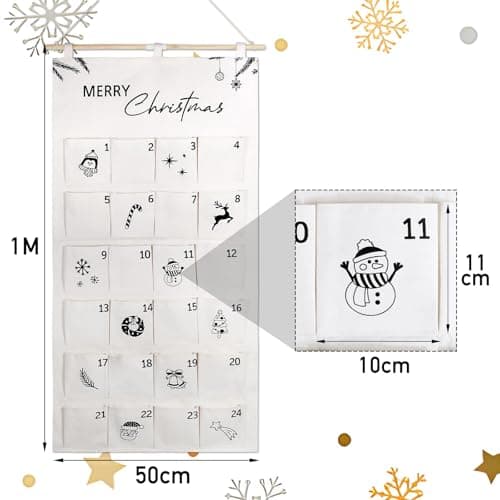 Calendrier de l'avent Noël Blanc Calendrier Mural Merry Christmas Imprimé Noir avec Poches de 24 Jours Calendrier à Suspendre Décoration Pour Compte à Rebours de Noël