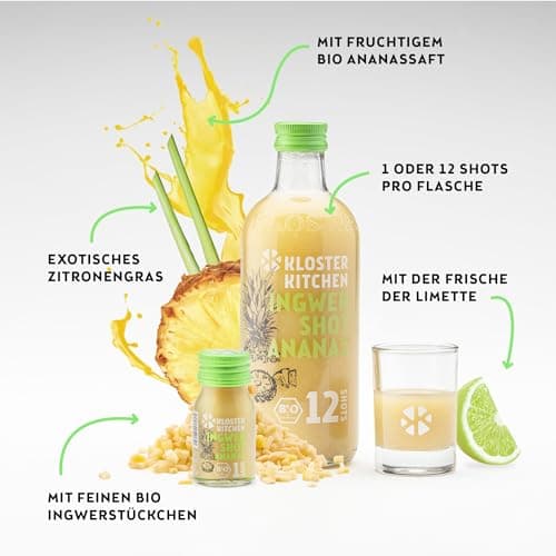 Kloster Kitchen Lot de 14 shots de gingembre bio - 1SHOT - 14 x 30 ml - Avec véritables morceaux de gingembre - Végétalien dans une bouteille en verre à emporter - Doux et épicé - Sans additifs et