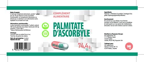 Palmitate d'ascorbyle 500mg 120 gélules végétaliennes, très puissantes, sans agents de remplissage ou de charge, sans OGM