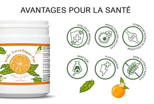Kala Health - Vitamine C Pure 1 kg - Poudre de vitamine C - Acide ascorbique pur - Fourniture de 1000 jours x 1000 mg dosage élevé - Avec cuillère-doseuse - Végétalien - Qualité premium