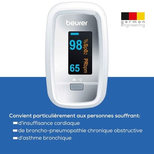 Beurer PO 30 - Oxymètre de pouls digital pour la mesure de la saturation en oxygène dans le sang et le pouls, 61 x 36 x 32 mm, 57 gr, blanc et argent