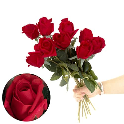 cn-Knight 12pcs Bourgeons de Roses Artificielles Semi-Ouverts, Roses en Soie 44cm, Fleurs Partiellement Ouvertes, Déco Intérieure, Centre de Table, Bouquet Mariage,Rouge
