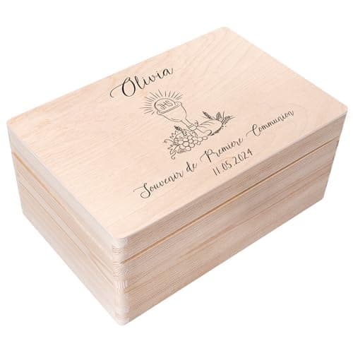 Creative Deco Personnalisé Première Communion Confirmation Cadeau Boite | Boîte à Souvenirs en Bois Garçon et Fille | Personnalisés - Calice et Prière du Chapelet | Personnalisable Idée Coffret