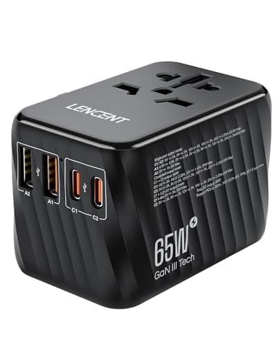 LENCENT 65W GaN III Adaptateur prise électrique avec 2 PD3,0 USB C+2 QC USB A Prise voyage universelle Téléphone PC Charge Rapide international vers UK USA AUS Canada Italie Chine Japon Thaïlande Noir