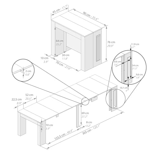 Mobili Fiver, Table Console Extensible avec rallonges intégrées, Easy, 45(305) x 90 cm, Bois Rustique, pour 12 Personnes, Console Extensible pour Salle à Manger et entrée, Made in Italy