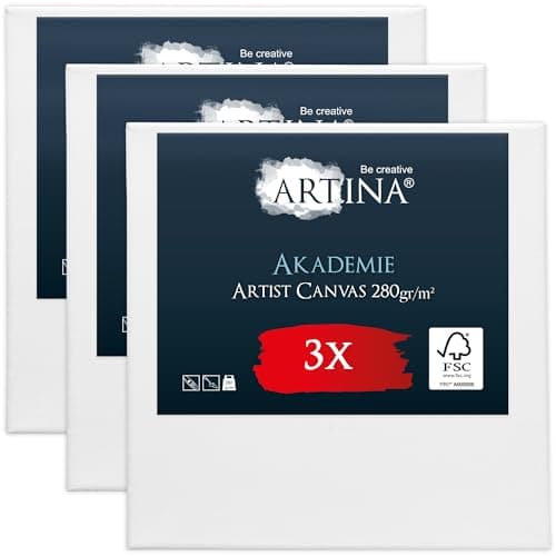 Artina Set de 3 Canvas Toile Peinture 20x20 cm – Tableau Peinture Châssis Entoilés en Bois FSC© – Tableau Toile a Peindre Blanche 100% Coton 280g/m2 – Toiles Stable Petite Toile Peinture – Akademie