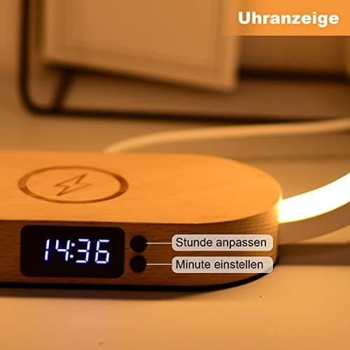 Lampe de Chevet Chargeur sans Fil, Tactile avec Port USB, Chargeur Induction avec L'horloge, Lampe de Table avec 3 Modes de Couleur et Intensité Variable, Bois&Blanc