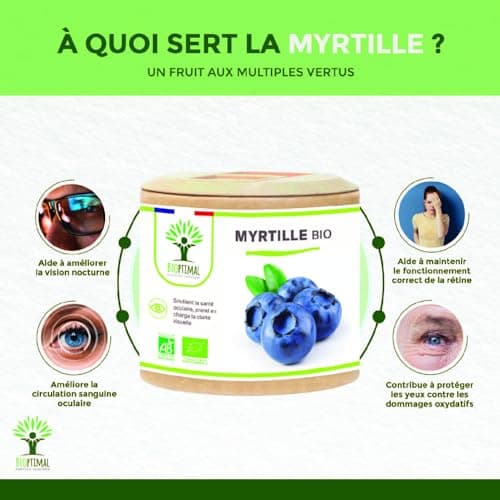 Myrtille Bio - Bioptimal - Complément alimentaire - Clarté visuelle Yeux Antioxydant Circulation - Lutéine Zéaxanthine Vitamine - 240 mg par Gélule - Fabriqué en France - Certifié Ecocert - 60 Gélules