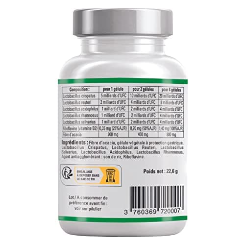 Probiotique flore intime vaginale - Ferments lactiques 40 milliards UFC en 5 souches Lactobacillus - Enzymes digestives Fabrique en FRANCE en 60 gelules vegetales gastro resistantes naturels et Vegan
