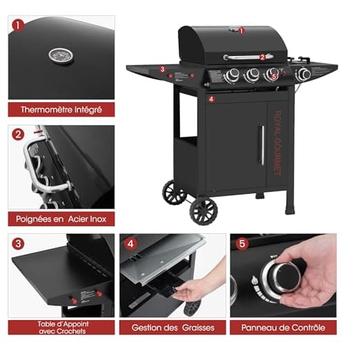 Royal Gourmet Barbecue Gaz à 3+1 Brûleurs en Acier Inoxydable, Gril à Gaz sur Chariot de Puissance 11,5 KW avec Tablette et Thermomètre, 2 Roues et 1 Porte, Adapté pour Jardin et Extérieure, Noir