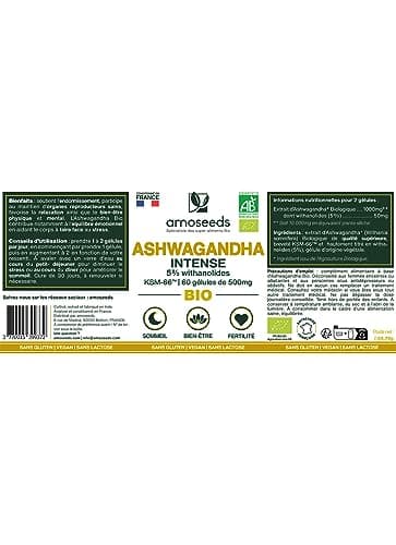 Ashwagandha BIO Breveté KSM-66TM | Extra Fort : 5% withanolides | Stress, Sommeil, Énergie, Bien-Être | 60 gélules vegan de 500mg | Qualité Supérieure
