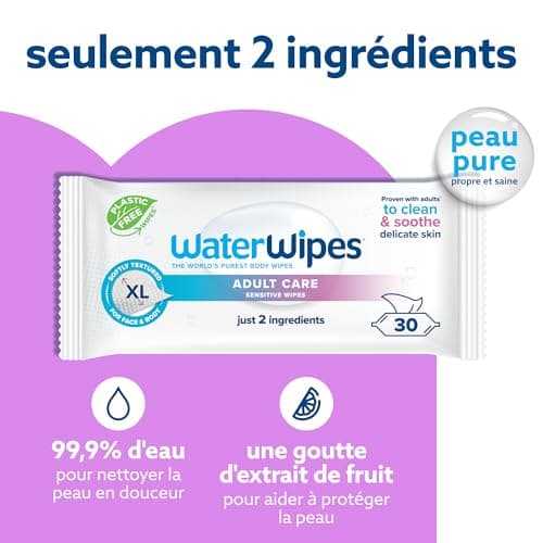 WaterWipes Lingettes Adultes Sensibles Corps & Parties Intime, 180 Lingettes (6 Paquets), Extra Grandes Texturées, 99,9% à Base d'Eau, Usage Quotidien