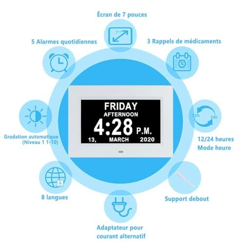 Alovez 7 Pouces LCD Horloge Numérique Calendrier avec Date Jour Et Heure Horloge Non-Abrégée Auto Dimming 8 Langues HD Display Rappel pour Alzheimer Les Personnes âgées et Les Enfants (Blanc)