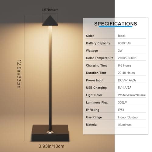Aipsun Lampe de table LED sans fil - 6000 mAh - 33,5 cm - Noir - 6000 mAh - 33,5 cm - Intensité variable - En aluminium - Pour l'intérieur et l'extérieur - Restaurant Bar