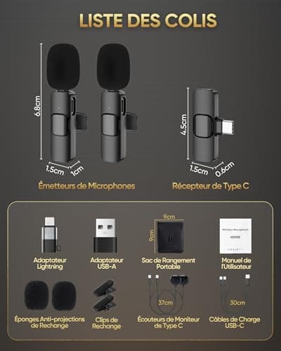 Micro Cravate sans Fil pour iPhone/iPad/Téléphone Android/Ordinateur Portable, IUMAKEVP Plug-Play Microphone à Clipser Revers avec Réduction du Bruit pour Enregistrement Vidéo/Vapeur en Direct(2 Mics)