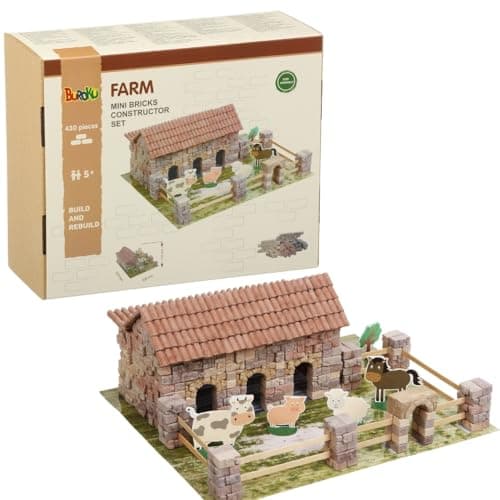 Buroku - Kit de Construction de Ferme | 430 Pièces | Briques en Pierre et Bois | Favorise l'Apprentissage STEM et les Compétences Motrices | Inclus Animaux et Accessoires | Inclus Colle