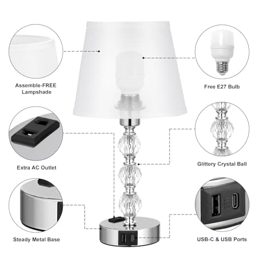 Kakanuo Lampe de Chevet Tactile avec Ports USB-A+C+Prise CA, 3 Intensité Variable, Lampe en Cristal Lot de 2, Abat-jour Blanc, Lampes de Table pour Chambre Salon D'enfant Bureau (Ampoules Incluse)